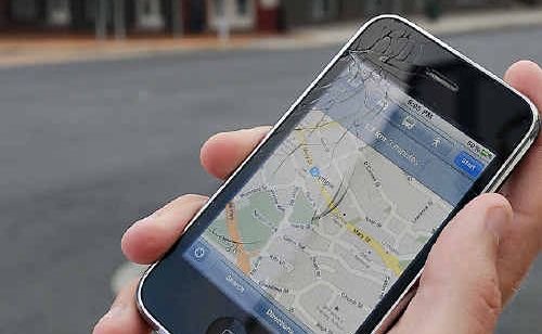 An iPhone owner uses Google maps to find his way around Gympie’s main street. An iPhone owner uses Google maps to find his way around Gympie’s main street.